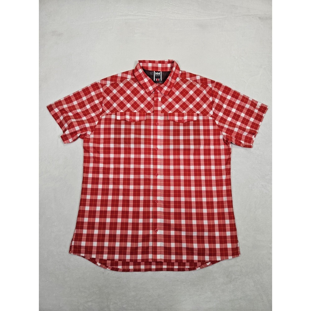 Helly Hansen Shirt Men's 2XL Red White Plaid Button Up Cotton‎ Flex Hiking Camp